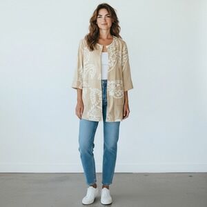 Chico's Women's Bi-Color Jacquard Linen Cotton Longline Pockets Jacket Size XL